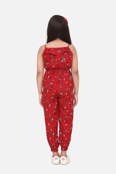 Girls Red Printed Rayon Jumpsuit